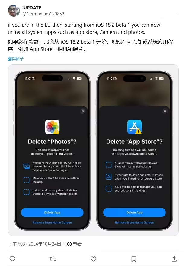 顺昌苹果手机维修分享iOS 18.2 支持删除 App Store 应用商店 